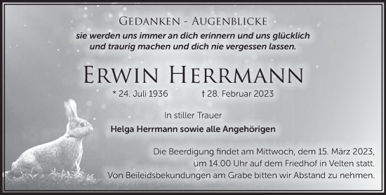 Traueranzeige von Erwin Herrmann von Märkische Oderzeitung