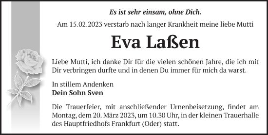 Traueranzeige von Eva Laßen von Märkische Oderzeitung