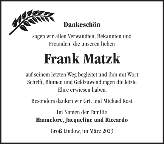 Traueranzeige von Frank Matzk von Märkische Oderzeitung