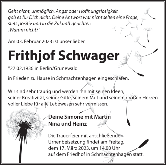 Traueranzeige von Frithjof Schwager von Märkische Oderzeitung