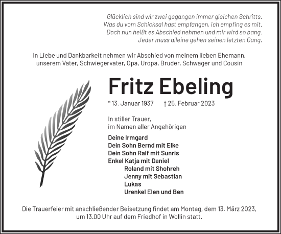 Traueranzeige von Fritz Ebeling von Märkische Oderzeitung