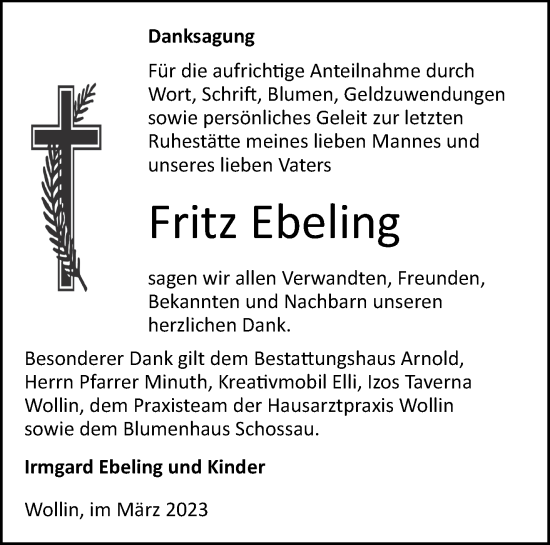 Traueranzeige von Fritz Ebeling von Märkische Oderzeitung