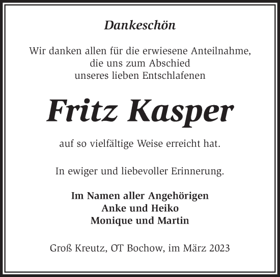 Traueranzeige von Fritz Kasper von Märkische Oderzeitung