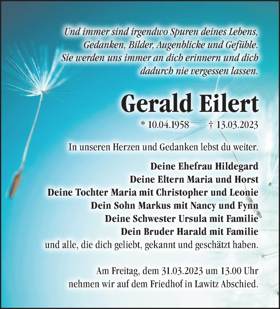  Traueranzeige für Gerald Eilert vom 25.03.2023 aus Märkische Oderzeitung