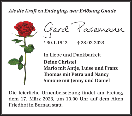 Traueranzeige von Gerd Pasemann von Märkische Oderzeitung