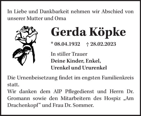 Traueranzeige von Gerda Köpke von Märkische Oderzeitung