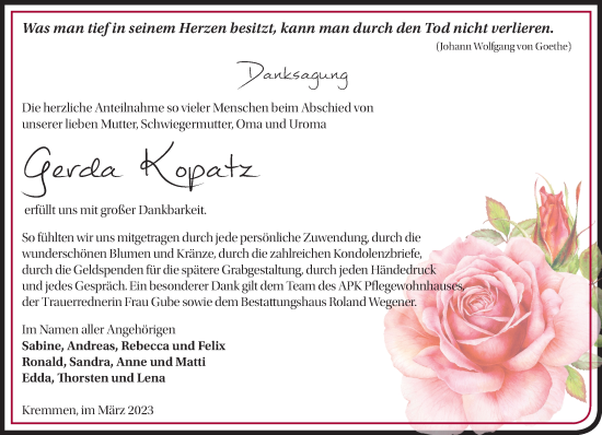 Traueranzeige von Gerda Kopatz von Märkische Oderzeitung