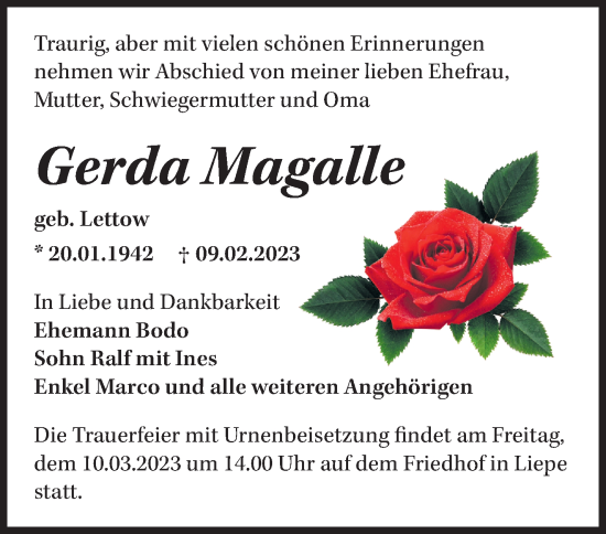 Traueranzeige von Gerda Magalle von Märkische Oderzeitung