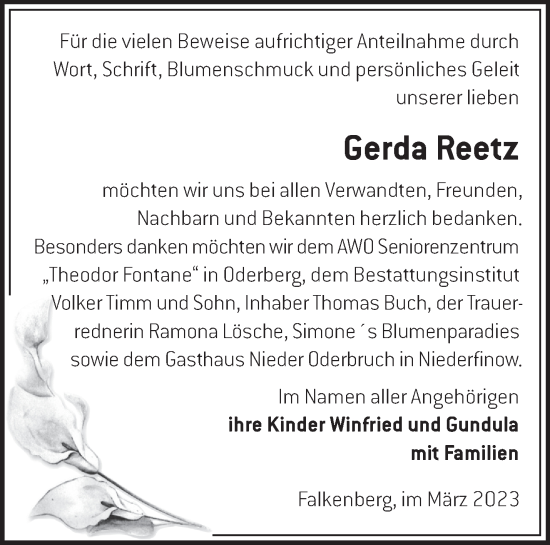 Traueranzeige von Gerda Reetz von Märkische Oderzeitung