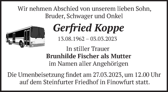 Traueranzeige von Gerfried Koppe von Märkische Oderzeitung