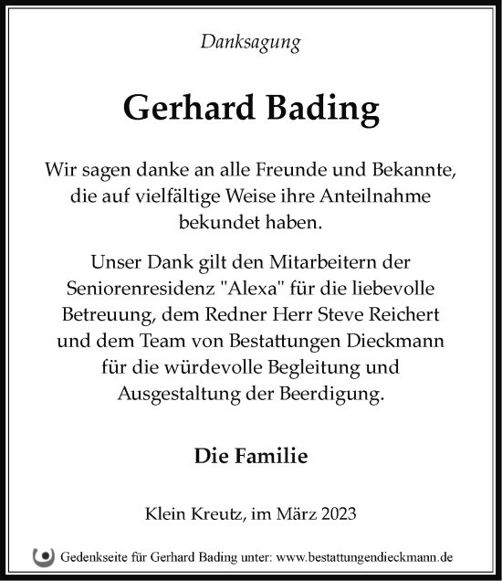 Traueranzeige von Gerhard Bading von Märkische Oderzeitung