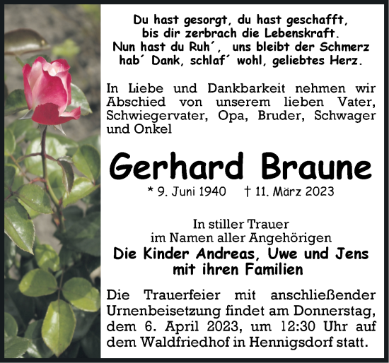 Traueranzeige von Gerhard Braune von Märkische Oderzeitung