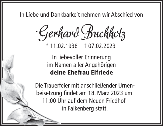 Traueranzeige von Gerhard Buchholz von Märkische Oderzeitung