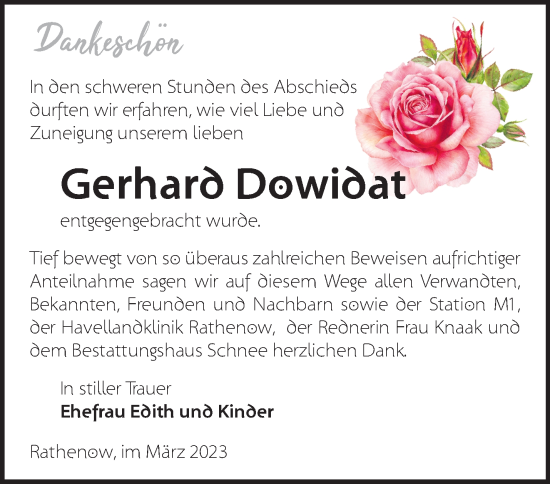 Traueranzeige von Gerhard Dowidat von Märkische Oderzeitung
