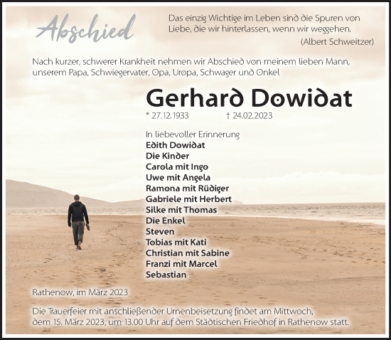 Traueranzeige von Gerhard Dowidat von Märkische Oderzeitung