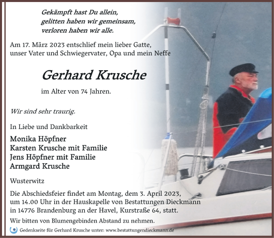 Traueranzeige von Gerhard Krusche von Märkische Oderzeitung