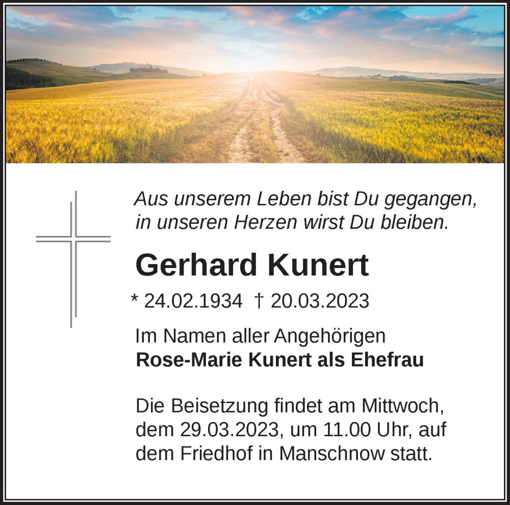  Traueranzeige für Gerhard Kunert vom 25.03.2023 aus Märkische Oderzeitung