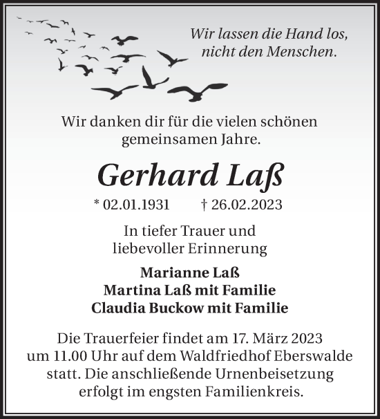 Traueranzeige von Gerhard Laß von Märkische Oderzeitung