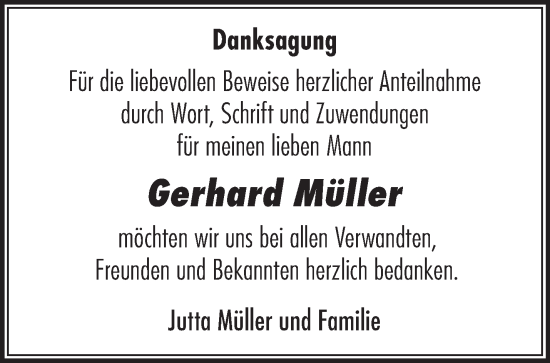 Traueranzeige von Gerhard Müller von Märkische Oderzeitung