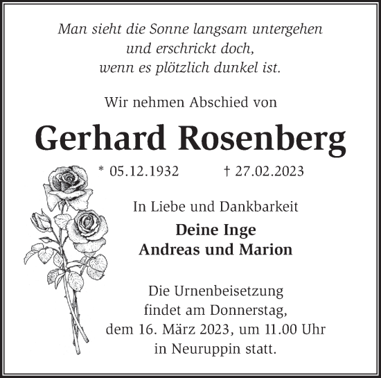 Traueranzeige von Gerhard Rosenberg von Märkische Oderzeitung