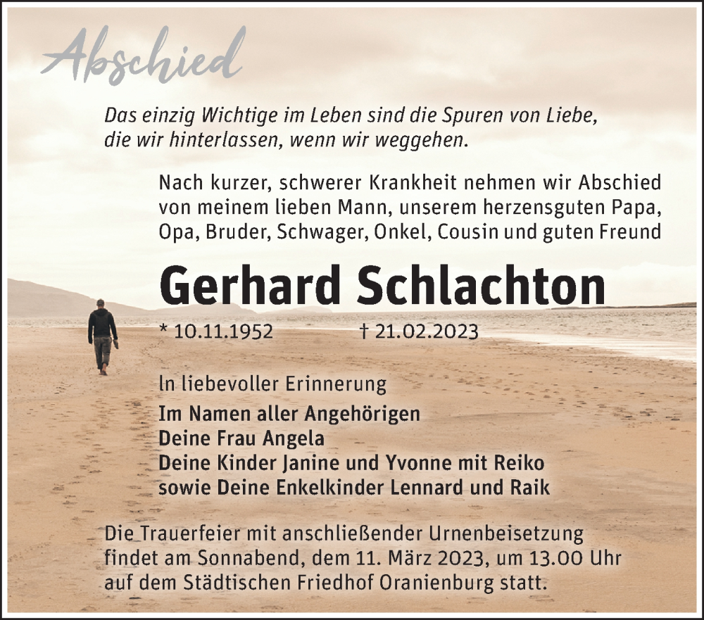  Traueranzeige für Gerhard Schlachton vom 04.03.2023 aus Märkische Oderzeitung