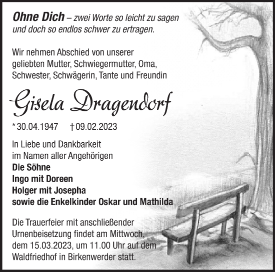 Traueranzeige von Gisela Dragendorf von Märkische Oderzeitung