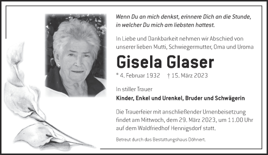 Traueranzeige von Gisela Glaser von Märkische Oderzeitung