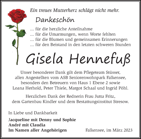 Traueranzeige von Gisela Hennefuß von Märkische Oderzeitung