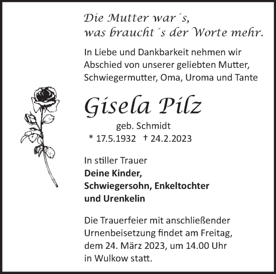 Traueranzeige von Gisela Pilz von Märkische Oderzeitung