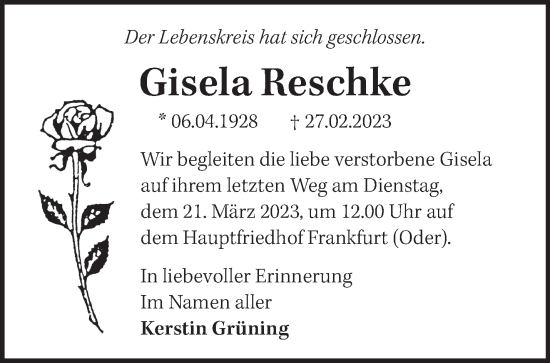 Traueranzeige von Gisela Reschke von Märkische Oderzeitung