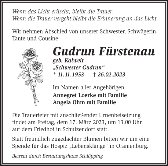 Traueranzeige von Gudrun Fürstenau von Märkische Oderzeitung