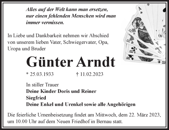 Traueranzeige von Günter Arndt von Märkische Oderzeitung