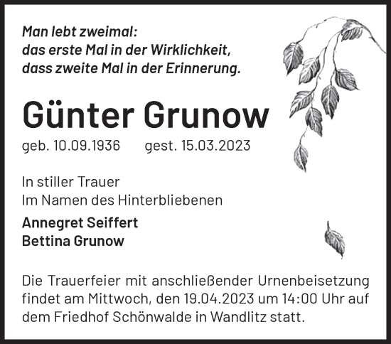 Traueranzeige von Günter Grunow von Märkische Oderzeitung