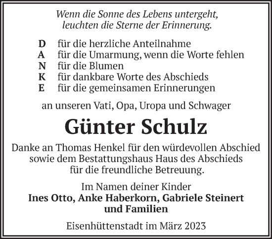 Traueranzeige von Günter Schulz von Märkische Oderzeitung