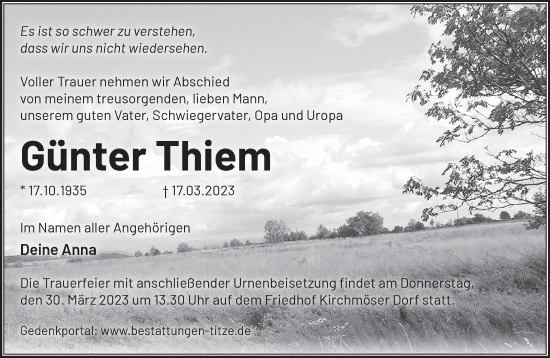 Traueranzeige von Günter Thiem von Märkische Oderzeitung