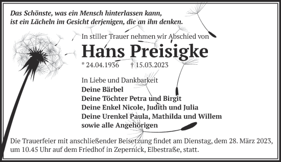 Traueranzeige von Hains Preisigke von Märkische Oderzeitung