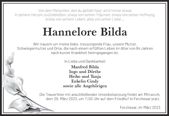 Traueranzeige von Hannelore Bilda von Märkische Oderzeitung