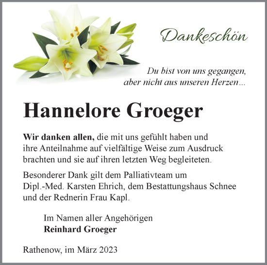 Traueranzeige von Hannelore Groeger von Märkische Oderzeitung