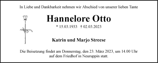 Traueranzeige von Hannelore Otto von Märkische Oderzeitung