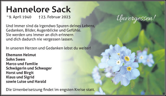 Traueranzeige von Hannelore Sack von Märkische Oderzeitung