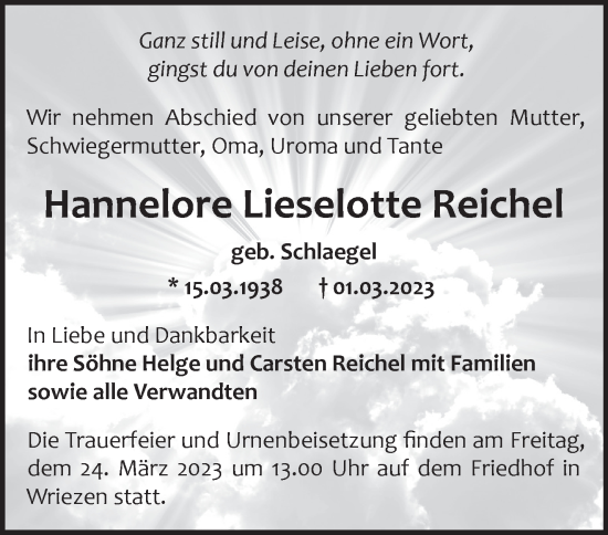 Traueranzeige von Hannelore Lieselotte Reichel von Märkische Oderzeitung