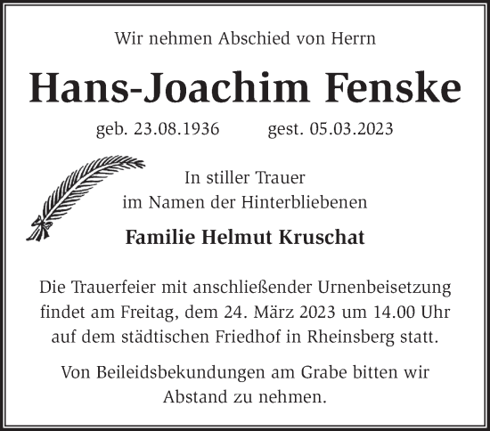 Traueranzeige von Hans-Joachim Fenske von Märkische Oderzeitung