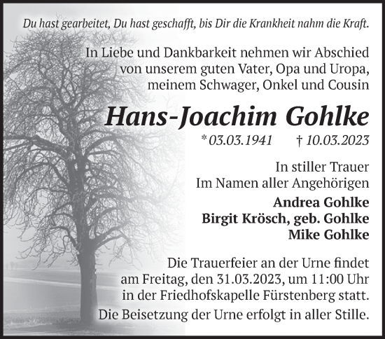 Traueranzeige von Hans-Joachim Gohlke von Märkische Oderzeitung