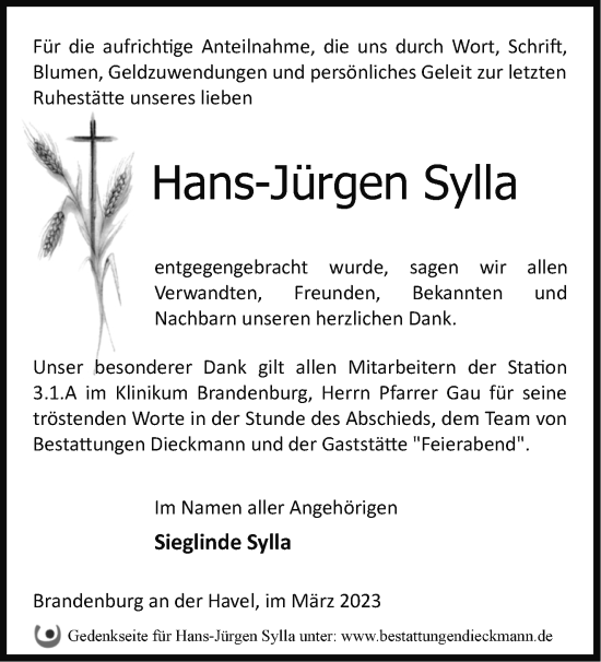 Traueranzeige von Hans-Jürgen Sylla von Märkische Oderzeitung