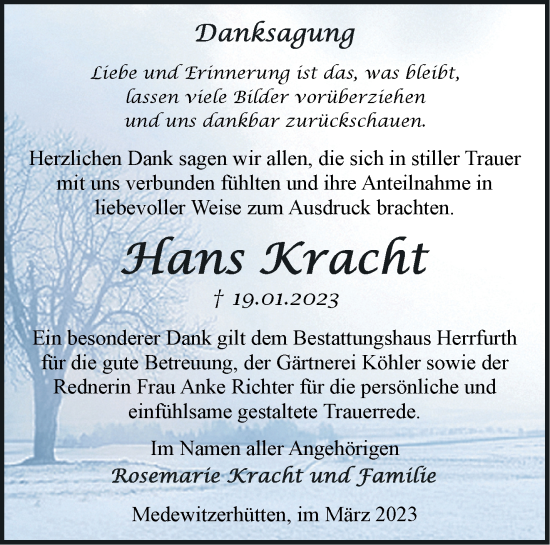 Traueranzeige von Hans Kracht von Märkische Oderzeitung