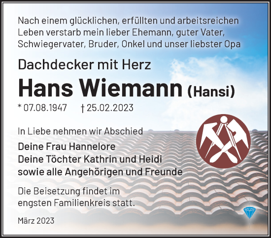 Traueranzeige von Hans Wiemann von Märkische Oderzeitung