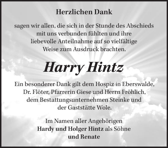 Traueranzeige von Harry Hintz von Märkische Oderzeitung