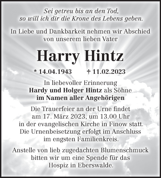 Traueranzeige von Harry Hintz von Märkische Oderzeitung