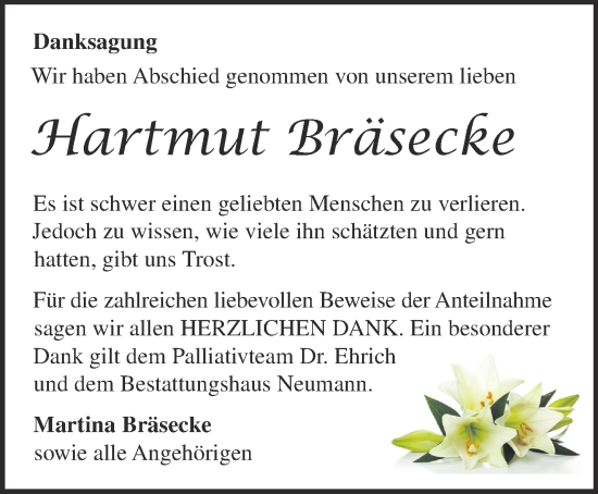 Traueranzeige von Hartmut Bräsecke von Märkische Oderzeitung