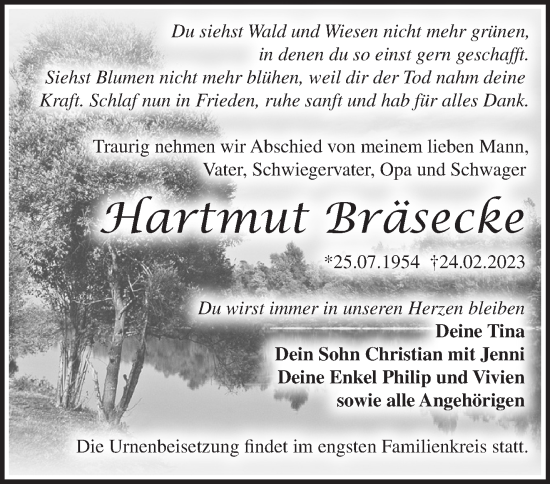 Traueranzeige von Hartmut Bräsecke von Märkische Oderzeitung